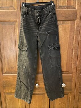 American Eagle Outfitters Black Washed Straight Leg Cargo Jeans